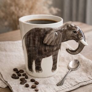 World Market Elephant Mug 3D Sculpted Animal Ceramic Coffee Cup Ivory Thailand